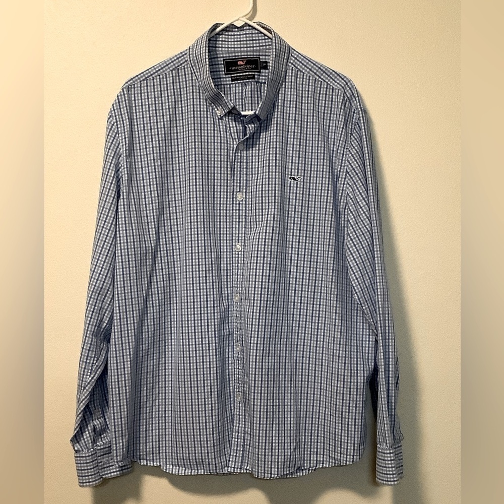 Vineyard vines mens blue gingham size 2XL button down slim fit whale shirt